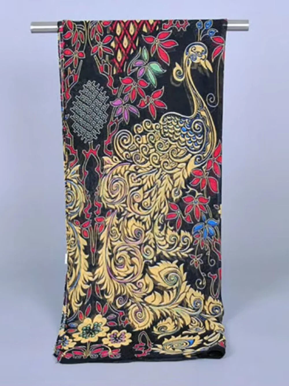 Sheer Womans Black and Yellow Peacock Design Scarf